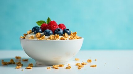 Sticker - A delightful bowl of creamy yogurt topped with a medley of sweet raspberries and juicy blueberries, sprinkled with crunchy cereal bits, presented against a tranquil blue backdrop.