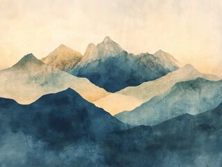 Wall Mural - Watercolor Landscape Background - Abstract Modern Print with Mountain, Vintage Neutral Color