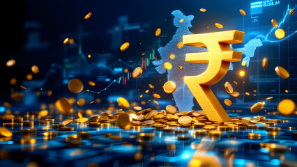 Indian currency background with rupee icon and falling rupee coins 3D rendering, illustration, union budget, finance background