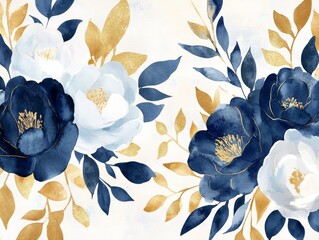 Wall Mural - Watercolor Navy Blue Bouquet with Gold Leaves, Botanical Clip Art Drawing of Peonies, Roses, and Herbs for Wedding Invitation Design