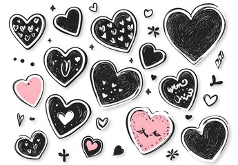 Canvas Print - Collection of Hand Drawn Black and Pink Hearts