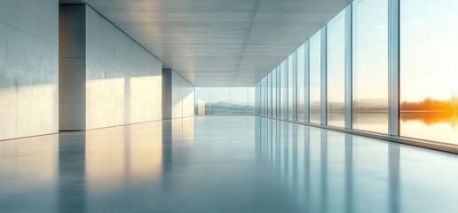 Aufkleber - Minimalist Interior Design Large Windows Concrete Flooring Bright Natural Light Spacious Hall 3D Rendering