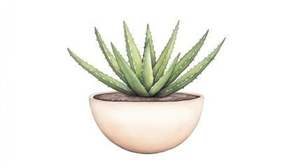 Wall Mural - A vibrant aloe vera plant in a simple beige pot, showcasing lush green leaves against a white backdrop