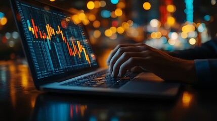 A businessman is typing on his laptop with financial graph