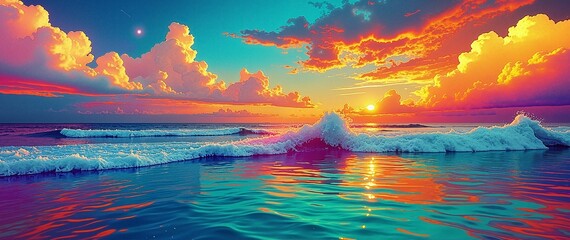 Wall Mural - A beautiful sunset over the ocean with a wave in the water