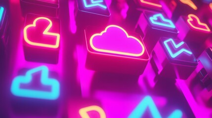 Wall Mural - vibrant neon cloud icons and symbols abstract digital background