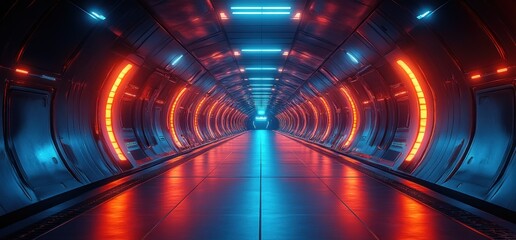 Poster - Futuristic Sci-Fi Corridor with Neon Lights Metal Walls Dramatic Shadows Modern Design Tunnel Garage Warehouse