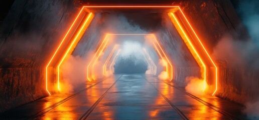 Poster - Futuristic Neon Light Corridor with Angular Walls and Glossy Floor in Cyberpunk Design