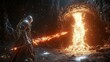 © Luxetify - Knight, fiery sword, lava cave, fantasy game background.