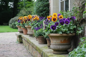 Naklejka na meble A mix of multicolored pansies planted in decorative pots, bringing charm to a garden corner.