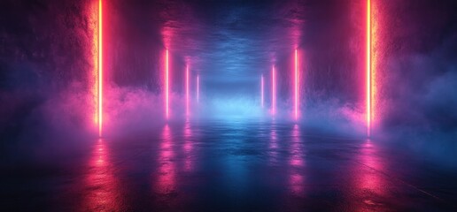 Poster - Futuristic Sci Fi Dark Room With Blue Neon Lines On Concrete Floor Reflections 3D Render