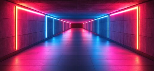 Aufkleber - Futuristic Underground Hallway with Neon Light Strips and Concrete Walls