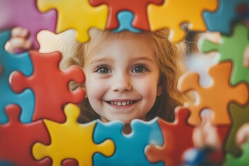 Smiling girl enjoying playtime with large, vibrant puzzle pieces, engaging in an educational game designed for children's learning and development