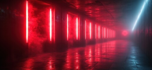Aufkleber - Futuristic Urban Neon Light Room with Red Glow and Reflective Floor in Cyberpunk Style
