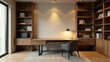 © DeeDay - Modern minimalist home office with wooden desk and built-in shelving units providing ample storage space