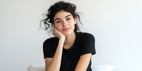 Wall Mural - Serene Confidence: A young woman with dark curly hair, wearing a simple black t-shirt, rests her chin on her hand, offering a calm and confident gaze to the camera.