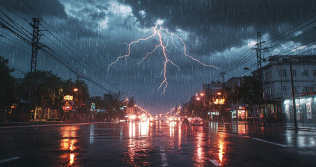 an intense storm with heavy rain and lightning lights up a city street, showcasing the raw power of 