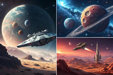 Wall Mural - spaceship and planet, illustrations of science fiction in space