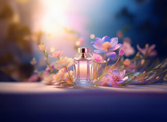 Sticker - a translucent perfume bottle sits amidst a soft arrangement of pastel flowers, bathed in warm, golde