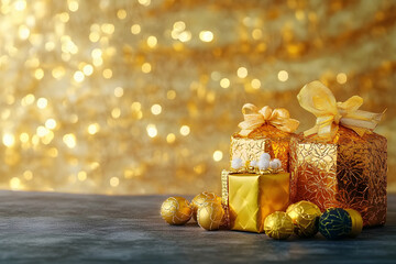 Wall Mural - three golden gifts representing gold frankincense and myrrh arranged elegantly on smooth background 
