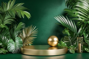 Wall Mural - Gold podium with tropical leaves on green background.