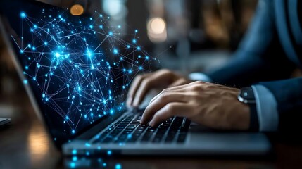 A businessman is using a laptop with an AI technology