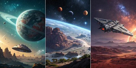 Wall Mural - spaceship and planet, illustrations of science fiction in space