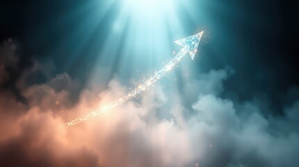 Wall Mural - Ethereal arrow of light, ascending through clouds, divine illumination, celestial beams, mystical atmosphere, ethereal glow, spiritual symbolism, heavenly rays, dramatic sky, otherworldly