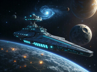 Wall Mural - spaceship and earth, illustrations of science fiction in space