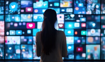 A woman standing in front of an interactive screen displaying various social media icons and emojis, surrounded by multiple screens showing different online content such as videos or images