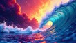 © DeeDay - A Vibrant Ocean Wave Crashing Under a Spectacular Sunset Sky with Sparkling Particles