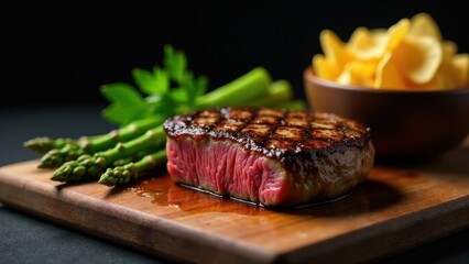 Wall Mural - A succulent grilled steak, accompanied by tender asparagus spears and crispy potato chips, rests elegantly on a rich wooden board.