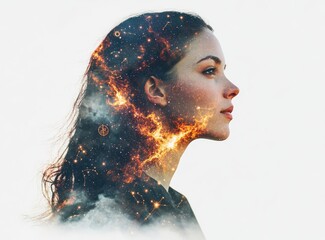 double exposure of a woman's portrait and zodiac signs, set against a cosmic sky background. concept