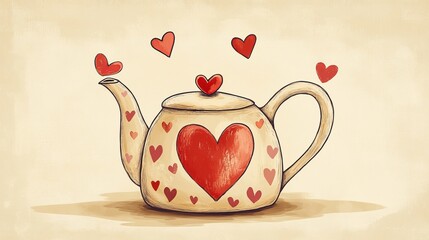 Wall Mural - Retro tea pot, kettle with heart, doodle illustration, love hot drinks, white background, isolated 