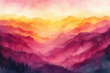 Aufkleber - Warm Abstract Watercolor Landscape Background with Vibrant Red Orange Yellow and Grunge Texture for Autumn Fall Sunset Design