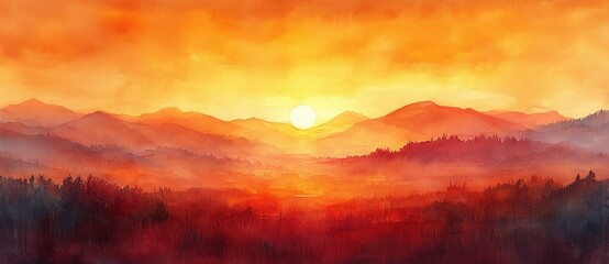 Aufkleber - Watercolor Sunset Background in Orange Yellow with Distressed Grunge Border Soft Textured Hazy Autumn Vibes