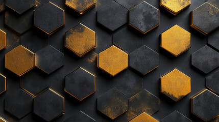 Wall Mural - luxury hexagonal abstract black metal background with golden light lines.a pattern of gold and black