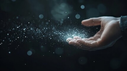 Wall Mural - hand of a person holding glowing particles, with white and silver glitter dust floating in the air a