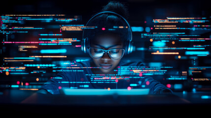 Woman Coder Immersed in Neon-Lit Digital Code