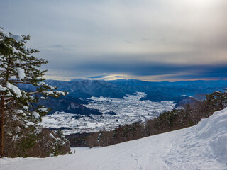 Wall Mural - Cloudy ski slopes near sunset (Yamanouchi, Nagano, Japan)