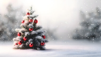 Wall Mural - small snow-covered christmas tree with red baubles