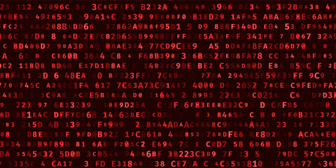 Fototapete - Abstract Red Binary Software Programming Code Background. Malicious Hack Malware Ransomware Concept. Data Leak Breach. Random Binary Data Matrix Wide Vector Illustration.