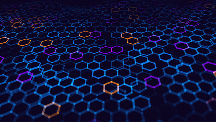 Leinwandbilder - Hexagonal Abstract Technology Background. Hexagons Pattern for Hi-Tech Communication Design. Hi-tech Cyber Hexagon Sci-Fi Game Banner Grid. Vector Illustration