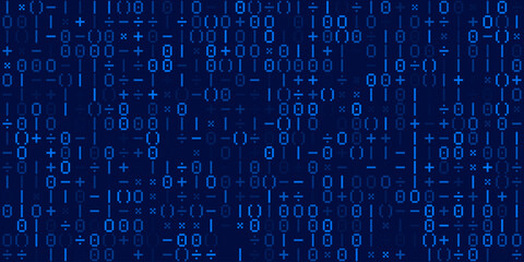Fototapete - Binary Pixel Numbers and Math Signs. Computer Binary Code Matrix. Pixel Grid of Numbers Abstract Mosaic Design Background. Monochromatic Abstract Background. Vector Illustration.