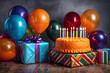 © Raihan - Vibrant Birthday Cake Surrounded By Colorful Gifts And Balloons.