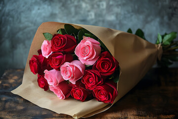 Wall Mural - bouquet of red and pink roses wrapped in kraft paper lies on rustic table softly lit and surrounded by generous copy