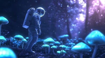 a glowing astronaut explores a fantastical mushroom forest under a starry sky.