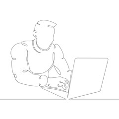 Wall Mural - Young male designer student manager works at the laptop. One continuous drawing line, logo single hand drawn art doodle isolated minimal illustration.