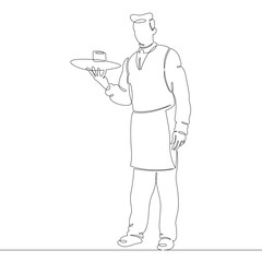 Wall Mural - Male waiter with a tray of food drinks at work in a cafe restaurant. One continuous drawing line, logo single hand drawn art doodle isolated minimal illustration.