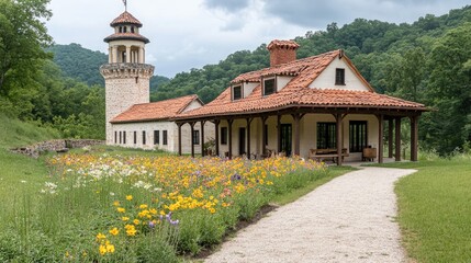 Wall Mural - Stone house, tower, garden, hills, travel destination